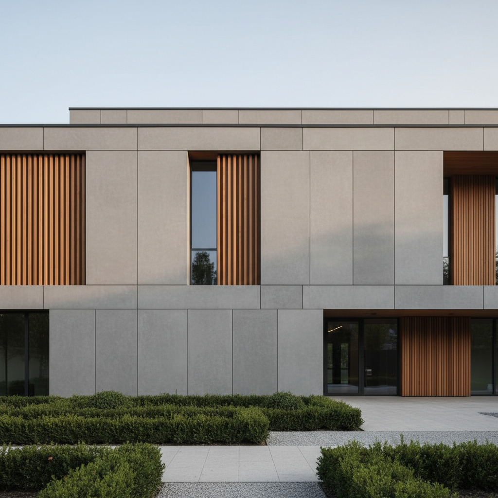 A contemporary architectural building facade with crisp geometric lines, featuring smooth concrete panels in natural gray and warm-toned sustainably sourced timber accents. The structure stands at the forefront, emphasizing its precise construction and high-quality materials. Framed by a minimalist landscaped garden with well-manicured shrubs and clean gravel pathways, the setting exudes order and simplicity. Bathed in soft, diffused late afternoon sunlight, subtle highlights accentuate the edges, while gentle shadows give depth to the design. Captured from a slightly elevated, eye-level angle with sharp focus throughout, the image feels clean, modern, and professional—perfectly embodying the values of transparency and quality craftsmanship in contemporary building.