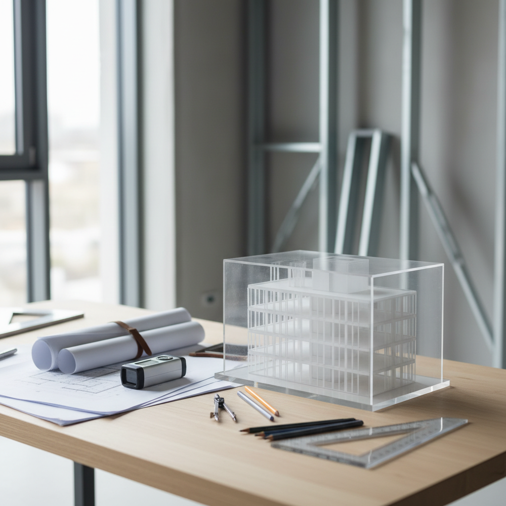 A meticulously organized construction site table with neatly arranged blueprints, a high-precision digital laser measuring device, and a transparent acrylic scale model of a modern building. The table is made of light birch wood with a smooth finish, set against a backdrop of architecturally interesting steel beams and an unfinished wall painted in soft dove gray. Bright, indirect daylight streams through large windows, creating clear, crisp illumination across the workspace. Captured at a slight top-down angle with a shallow depth of field, the focus remains on the clarity and transparency of the design approach. The mood is focused yet approachable, with a modern minimalist aesthetic supporting the theme of clear communication and professionalism in building and construction.