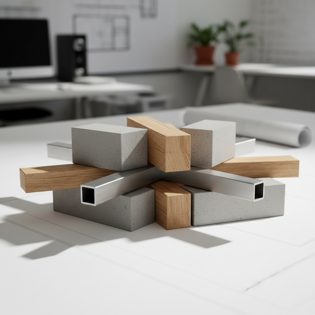A detailed close-up of interlocking, high-quality construction materials—smooth concrete, warm natural timber, and precision-cut steel beams—artfully layered and arranged in a modern, geometric composition atop a pristine white drafting table. The surrounding area fades to a subtle, softly blurred background suggesting a professional design studio. Soft overhead lighting accentuates material textures and edges, casting delicate shadows and emphasizing depth. Captured from a straight-on angle with extremely sharp focus on the textures, the mood is sophisticated, meticulous, and clean. The artistic approach is minimalist yet dynamic, reinforcing the company’s values of quality, transparency, and modern building practices.