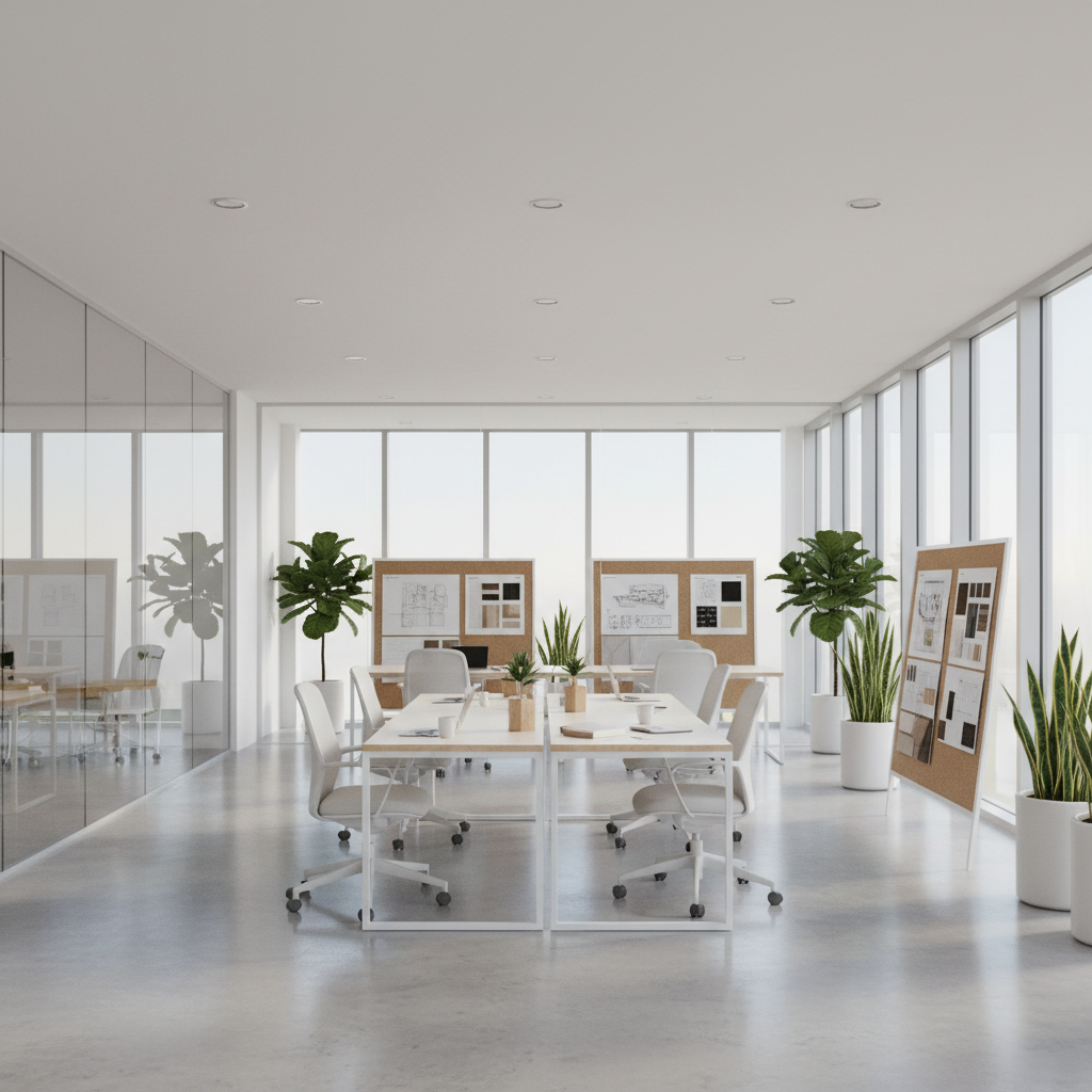 An immaculate, unobstructed open-plan office for a modern building company, featuring minimalist furniture in white and light ash wood, glass partitions, and potted green plants along the periphery. The office floor gleams with polished concrete, and the setting includes neatly organized design boards with architectural sketches and samples. Abundant soft natural light filters in from floor-to-ceiling windows, filling the space with gentle, even illumination. The scene is composed from a wide, slightly elevated perspective, creating a sense of spaciousness and openness. This clean, modern image reflects an atmosphere of honest collaboration, clarity, and efficiency, perfectly aligned with the promise of transparent project processes.